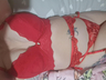Red lingerie on slim but busty over 50 