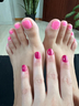 Pink nails, foot and hand.