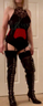 Nylons, red suspender belt, thigh high PVC boots