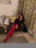 Kinky red boots and satin blouse 
